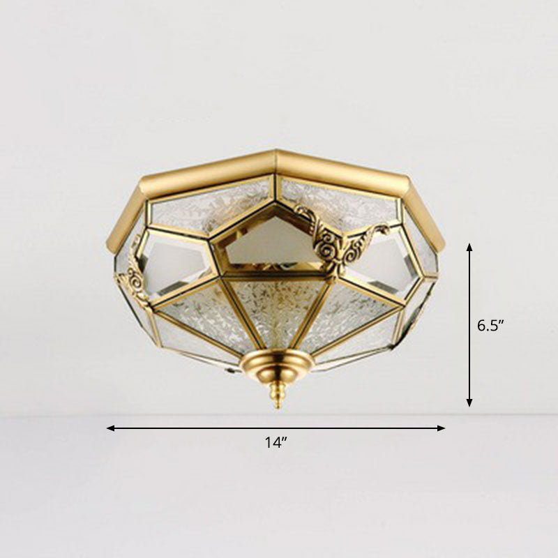 Flush Mounted Light Antique Dining Room Ceiling Lamp with Polygon Semi-Opaque Shade in Brass 3 Brass Clearhalo 'Ceiling Lights' 'Close To Ceiling Lights' 'Close to ceiling' 'Flush mount' Lighting' 2267865