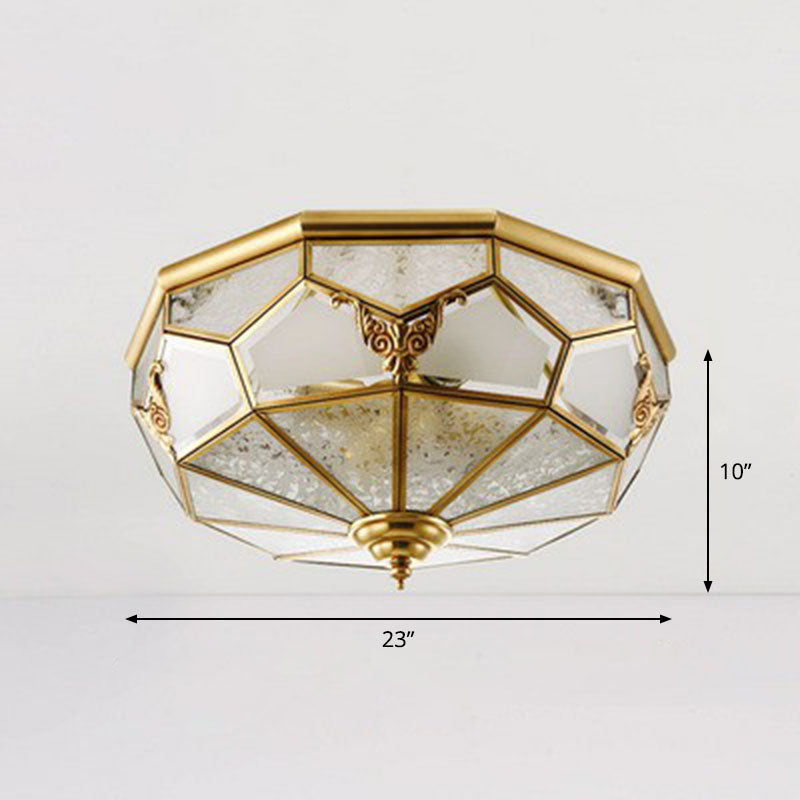 Flush Mounted Light Antique Dining Room Ceiling Lamp with Polygon Semi-Opaque Shade in Brass 6 Brass Clearhalo 'Ceiling Lights' 'Close To Ceiling Lights' 'Close to ceiling' 'Flush mount' Lighting' 2267867