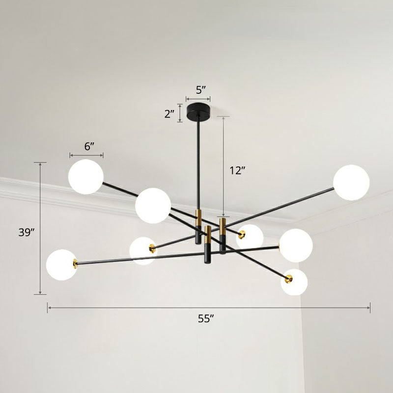 Radial Living Room Hanging Light Opaline Ball Glass Simplicity Chandelier in Black 8 Black Clearhalo 'Ceiling Lights' 'Chandeliers' 'Modern Chandeliers' 'Modern' Lighting' 2268230