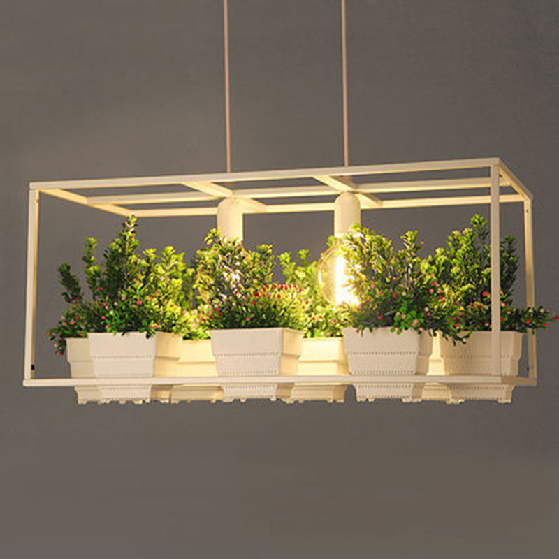 Rectangle Restaurant Island Light Fixture Decorative Metal 2-Head Hanging Pendant with Artificial Bonsai Clearhalo 'Ceiling Lights' 'Island Lights' Lighting' 2268583