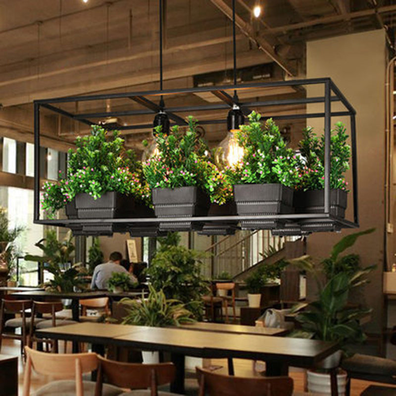 Rectangle Restaurant Island Light Fixture Decorative Metal 2-Head Hanging Pendant with Artificial Bonsai Black Clearhalo 'Ceiling Lights' 'Island Lights' Lighting' 2268584