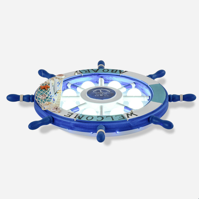 Rudder Wooden Flushmount Lighting Kids Style 8-Bulb LED Flush Ceiling Light with Fishnet Deco Dark Blue Clearhalo 'Ceiling Lights' 'Close To Ceiling Lights' 'Close to ceiling' 'Flush mount' Lighting' 2268613