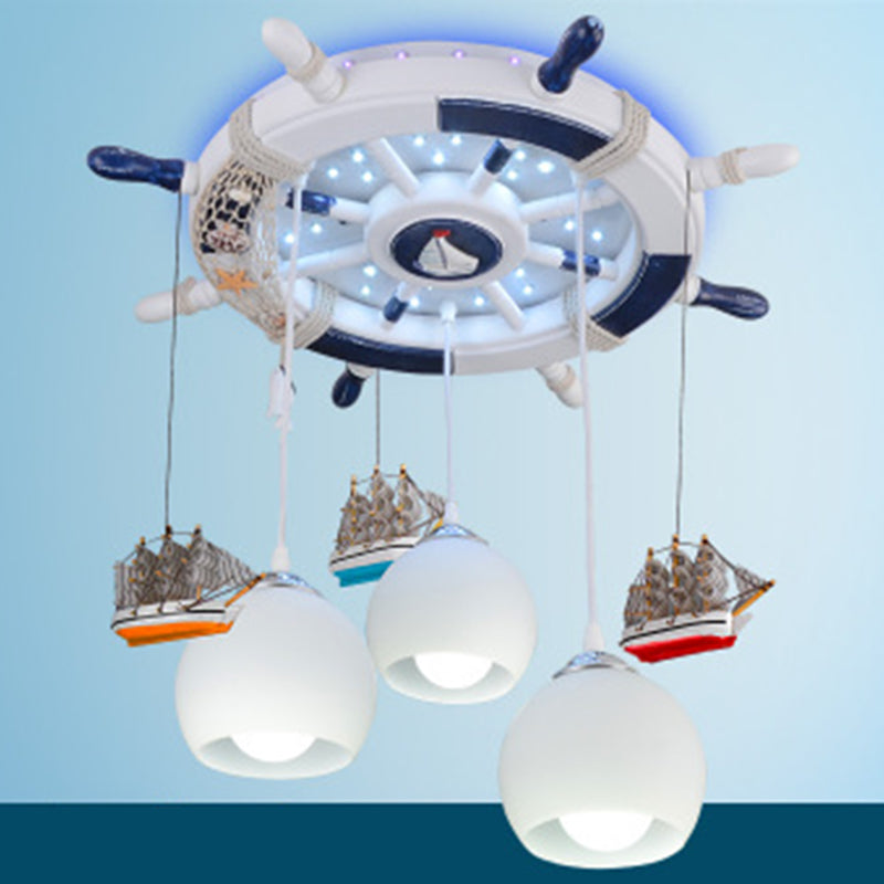 Cream Glass Dome Ceiling Light Cartoon 3 Bulbs White Flush Mounted Light with Rudder Canopy White 25.5" Clearhalo 'Ceiling Lights' 'Close To Ceiling Lights' 'Close to ceiling' 'Flush mount' Lighting' 2268634