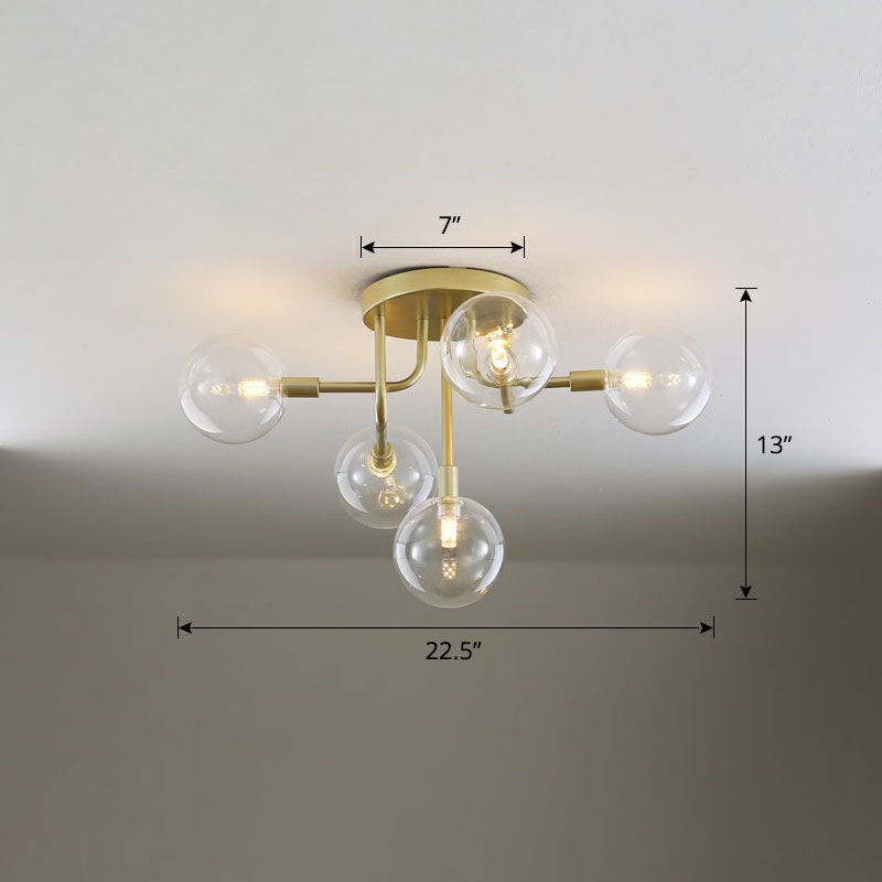 Ball Glass Ceiling Mounted Light Postmodern Gold Finish Semi Flush Mount for Living Room 5 Clear Clearhalo 'Ceiling Lights' 'Close To Ceiling Lights' 'Close to ceiling' 'Semi-flushmount' Lighting' 2268957
