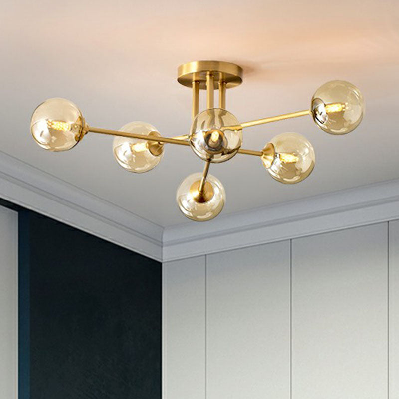 Spherical Dining Room Ceiling Fixture Amber Glass Postmodern Semi Flush Mount Lighting in Gold Clearhalo 'Ceiling Lights' 'Close To Ceiling Lights' 'Close to ceiling' 'Semi-flushmount' Lighting' 2269003