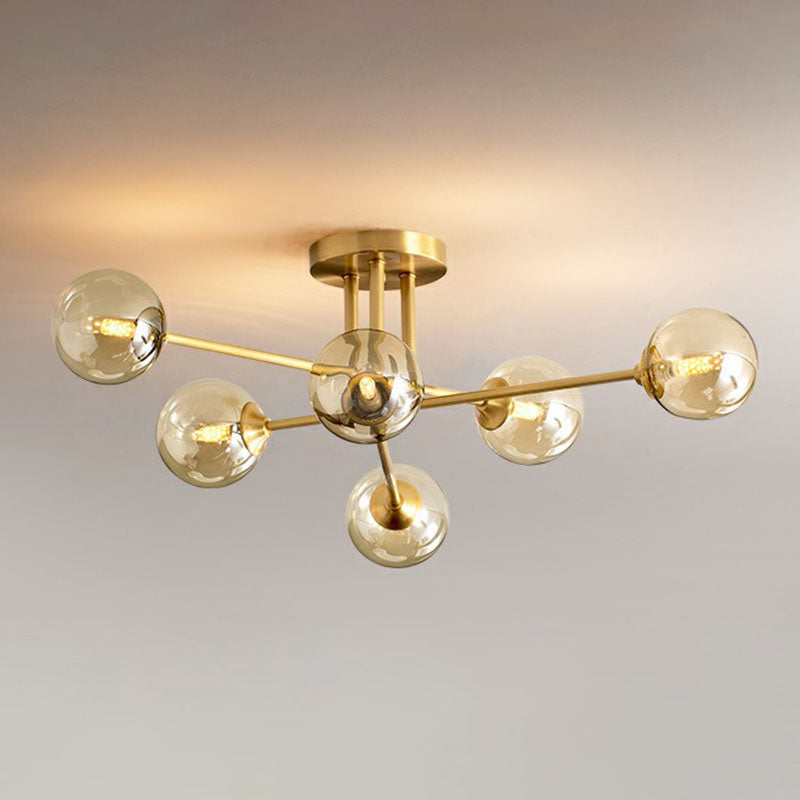 Spherical Dining Room Ceiling Fixture Amber Glass Postmodern Semi Flush Mount Lighting in Gold 6 Gold Clearhalo 'Ceiling Lights' 'Close To Ceiling Lights' 'Close to ceiling' 'Semi-flushmount' Lighting' 2269004