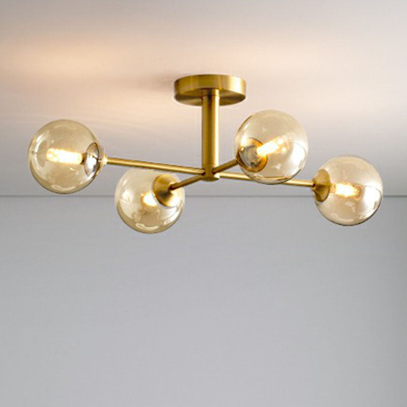Spherical Dining Room Ceiling Fixture Amber Glass Postmodern Semi Flush Mount Lighting in Gold Clearhalo 'Ceiling Lights' 'Close To Ceiling Lights' 'Close to ceiling' 'Semi-flushmount' Lighting' 2269009