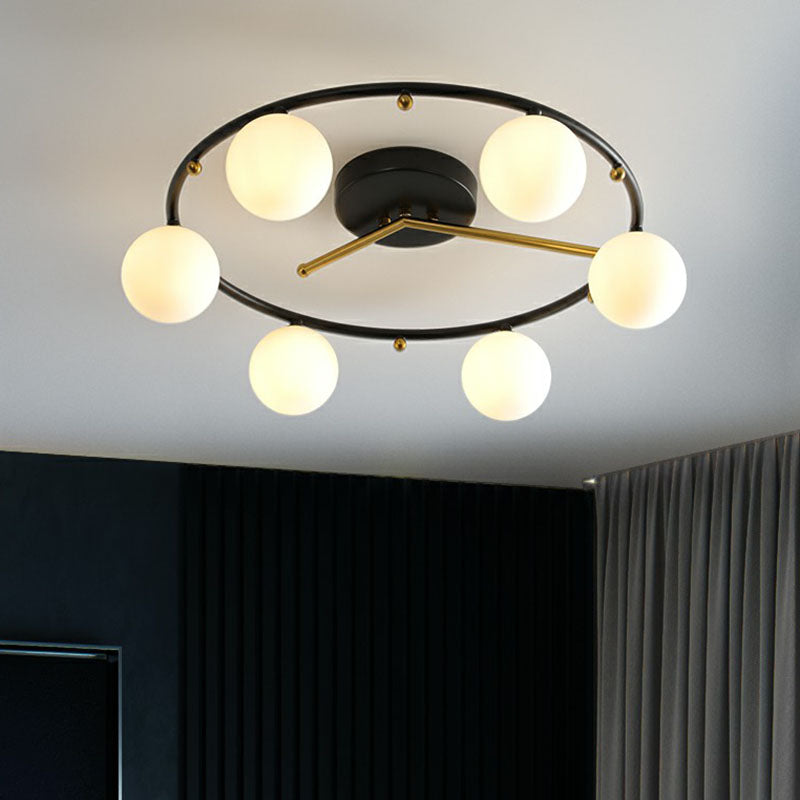 Black and Brass Clock Ceiling Lamp Postmodern Creative 6-Head Ball Glass Semi Flush Mount Light Clearhalo 'Ceiling Lights' 'Close To Ceiling Lights' 'Close to ceiling' 'Semi-flushmount' Lighting' 2269019