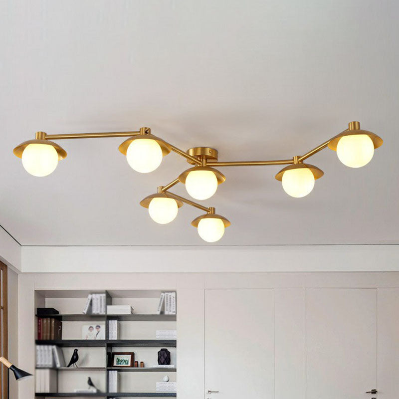 Postmodern Novelty Ceiling Light Gold Finish Molecule Semi Flush Mount Lamp with Ball White Glass Shade Clearhalo 'Ceiling Lights' 'Close To Ceiling Lights' 'Close to ceiling' 'Semi-flushmount' Lighting' 2269037