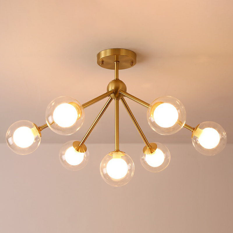 Minimalism Branch Chandelier Metal Dining Room Ceiling Light with Dual Ball Glass Shade in Gold 7 Gold Clearhalo 'Ceiling Lights' 'Chandeliers' 'Modern Chandeliers' 'Modern' Lighting' 2269111