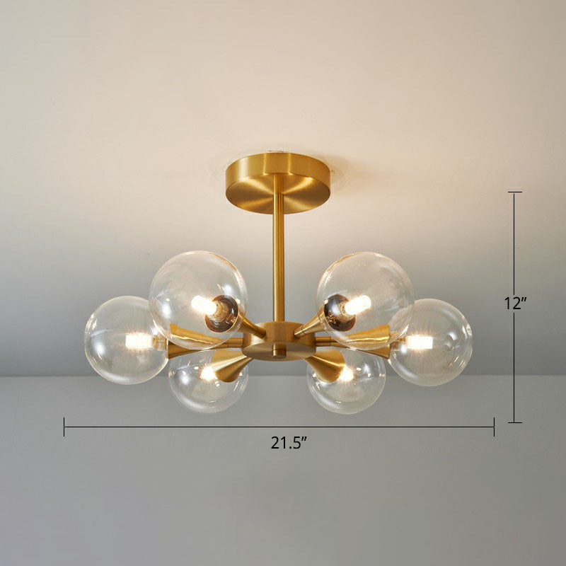 Brass Finish Radial Flush Chandelier Postmodern Ball Glass Semi Flush Mount Ceiling Light 6 Clear Clearhalo 'Ceiling Lights' 'Close To Ceiling Lights' 'Close to ceiling' 'Semi-flushmount' Lighting' 2269175