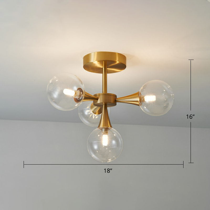 Brass Finish Radial Flush Chandelier Postmodern Ball Glass Semi Flush Mount Ceiling Light 4 Clear Clearhalo 'Ceiling Lights' 'Close To Ceiling Lights' 'Close to ceiling' 'Semi-flushmount' Lighting' 2269177