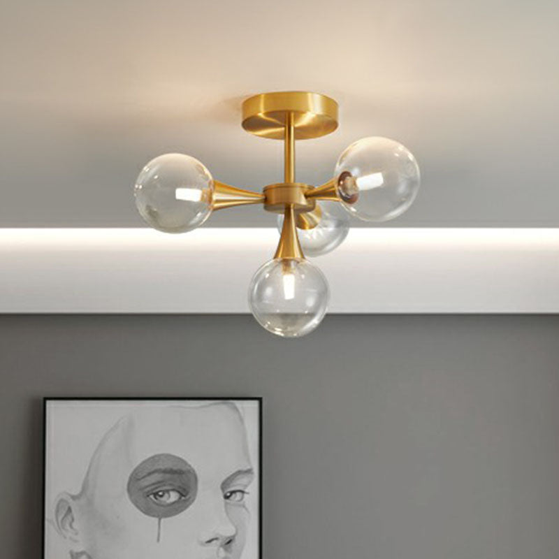 Brass Finish Radial Flush Chandelier Postmodern Ball Glass Semi Flush Mount Ceiling Light Clearhalo 'Ceiling Lights' 'Close To Ceiling Lights' 'Close to ceiling' 'Semi-flushmount' Lighting' 2269181
