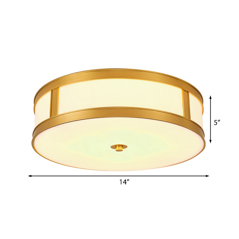 4 Lights White Glass Flush Light Fixture Traditional Brass Drum Living Room Ceiling Lighting, 14"/18" W Clearhalo 'Ceiling Lights' 'Close To Ceiling Lights' 'Close to ceiling' 'Flush mount' Lighting' 227032