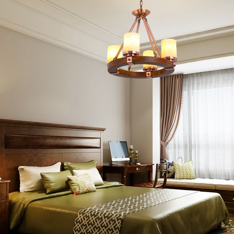 Cylinder Bedroom Chandelier Light Fixture Rustic White Glass 4/6 Lights Copper Ceiling Light 4 Copper Clearhalo 'Ceiling Lights' 'Chandeliers' Lighting' options 227215_0b613e88-96f9-4e12-88cf-7899fde444ab