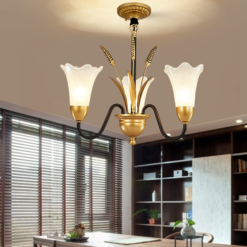 White Glass Floral Shaped Chandelier Traditional 6/8/12 Lights Study Room Hanging Ceiling Light in Brass Clearhalo 'Ceiling Lights' 'Chandeliers' 'Glass shade' 'Glass' Lighting' 227225