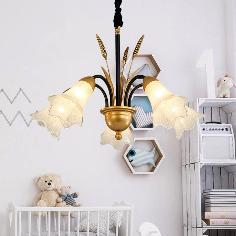 White Glass Floral Shaped Chandelier Traditional 6/8/12 Lights Study Room Hanging Ceiling Light in Brass Clearhalo 'Ceiling Lights' 'Chandeliers' 'Glass shade' 'Glass' Lighting' 227228