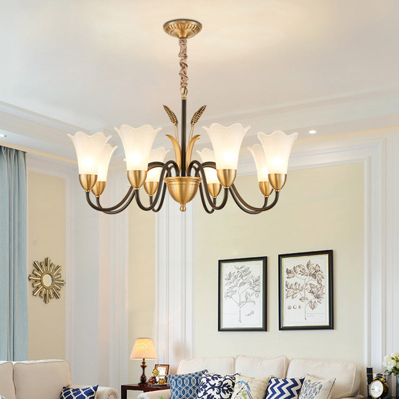 White Glass Floral Shaped Chandelier Traditional 6/8/12 Lights Study Room Hanging Ceiling Light in Brass Clearhalo 'Ceiling Lights' 'Chandeliers' 'Glass shade' 'Glass' Lighting' 227237