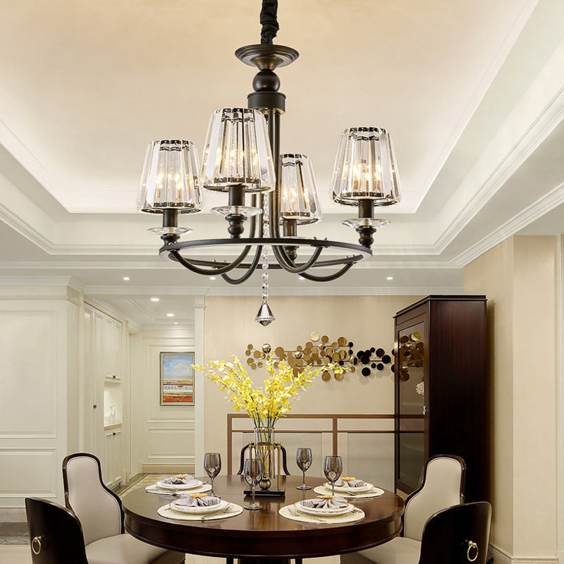 Crystal Black Chandelier Light Tapered 4/6/8 Lights Nordic Ceiling Pendant Light for Dining Room 4 Black Clearhalo 'Ceiling Lights' 'Chandeliers' Lighting' options 227245_18febcc2-4a73-47bf-85df-87a3776ad3d4