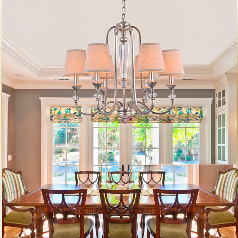 Rustic Tapered Ceiling Lamp 3/6 Lights Fabric Chandelier Light Fixture in Aged Silver for Living Room Clearhalo 'Ceiling Lights' 'Chandeliers' Lighting' options 227357