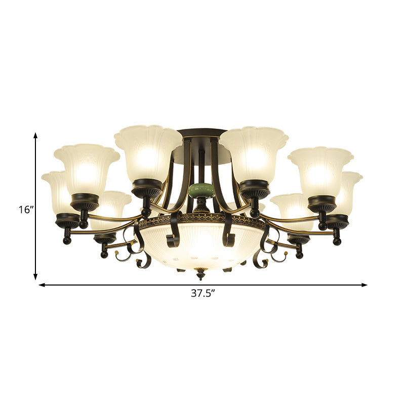 Opal Glass Flower Ceiling Light Fixture Rustic 9/11/13 Lights Living Room Semi Flush Mount Light with Black Arm Clearhalo 'Ceiling Lights' 'Close To Ceiling Lights' 'Close to ceiling' 'Glass shade' 'Glass' 'Island Lights' 'Semi-flushmount' Lighting' 227468