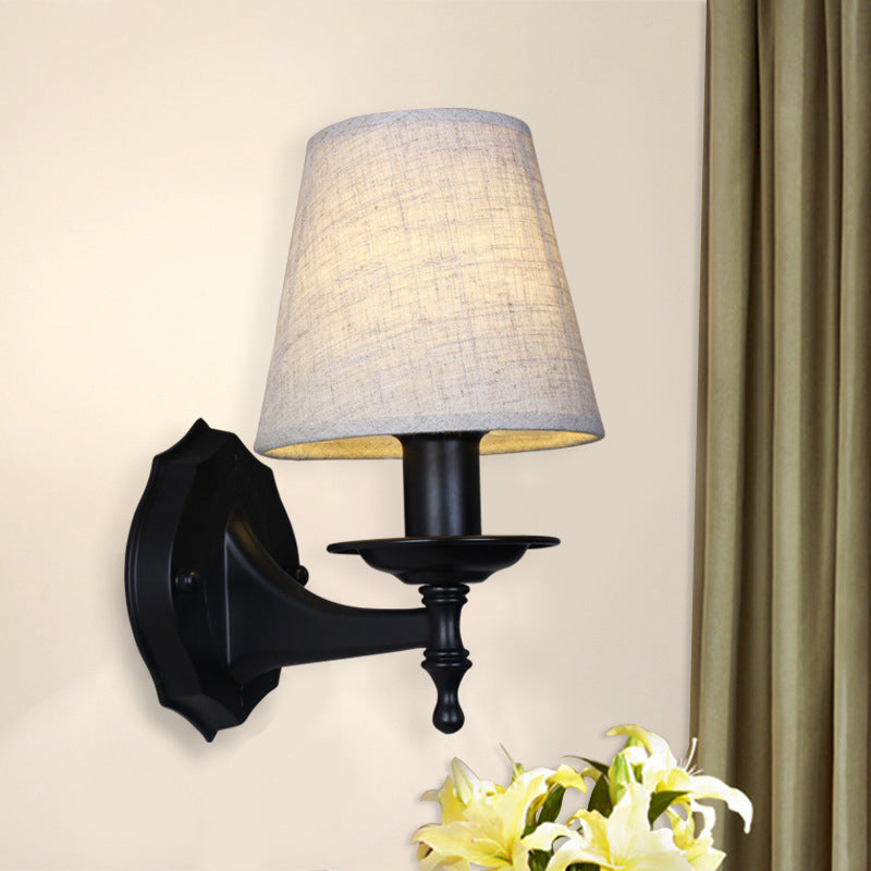 Tapered Bedroom Sconce Light Fixture Rustic Fabric 1/2 Lights Flaxen/White Wall Mounted Light 1.0 Flaxen Clearhalo 'Wall Lamps & Sconces' 'Wall Lights' Lighting' 227506