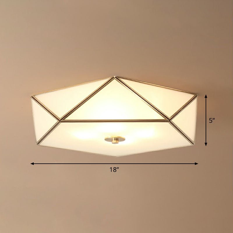 Simplicity Pentagonal Flushmount Ceiling Lamp Satin Opal Glass Flush-Mount Light in Brass Brass 18" Clearhalo 'Ceiling Lights' 'Close To Ceiling Lights' 'Close to ceiling' 'Flush mount' Lighting' 2275244