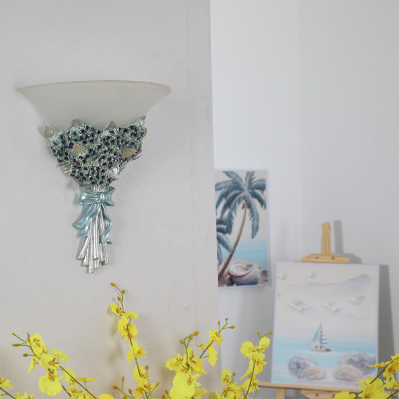 Flared Corridor Light Wall Light Fixture Vintage Amber/White Glass 1 Light Blue/Gold Flower Sconce Light Clearhalo 'Wall Lamps & Sconces' 'Wall Lights' Lighting' 227554