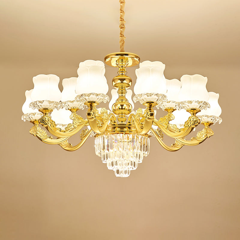 Flower Restaurant Hanging Light Fixture Traditional Opal Glass Gold Chandelier with Crystal Deco 15 Gold Clearhalo 'Ceiling Lights' 'Chandeliers' Lighting' options 2275559_50879be6-c122-40ac-b0e5-b8b8da305d98