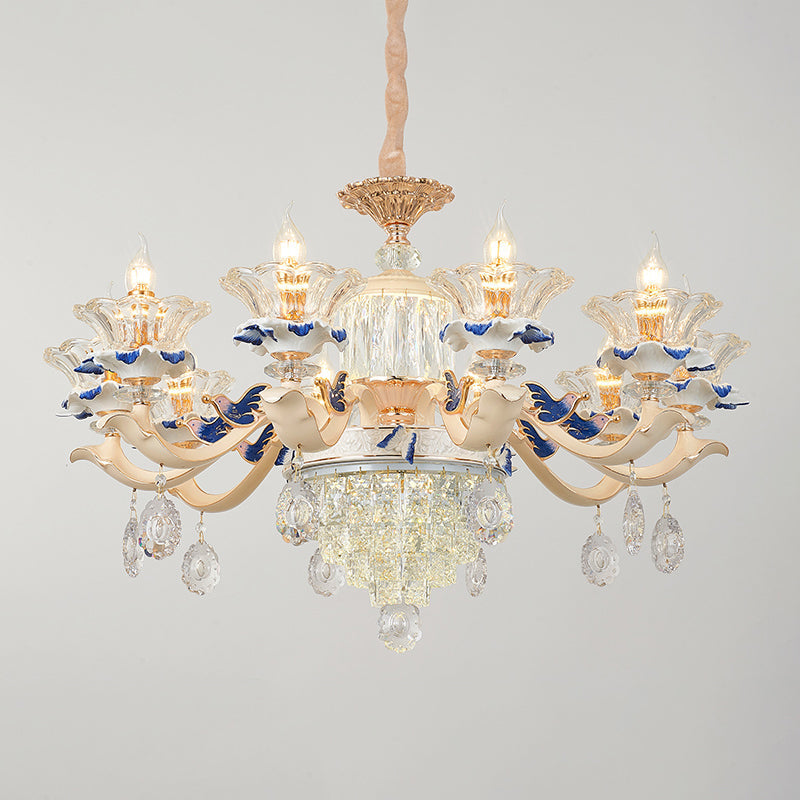Clear K9 Crystal Flower Chandelier Traditional Dining Room Hanging Ceiling Light with Ceramic Decor Clearhalo 'Ceiling Lights' 'Chandeliers' Lighting' options 2275620