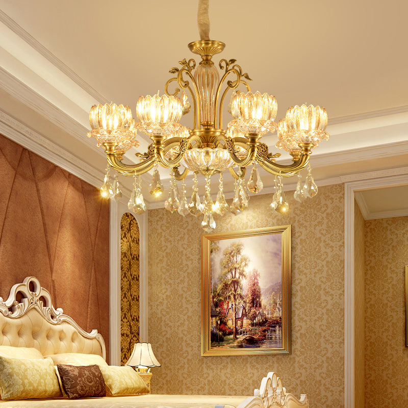 Carved Crystal Hanging Light Antique Gold Finish Lotus Dining Room Ceiling Chandelier 8 Gold Clearhalo 'Ceiling Lights' 'Chandeliers' Lighting' options 2275624_1a038f0b-5526-4eb8-9caf-6fa809a6e4cc