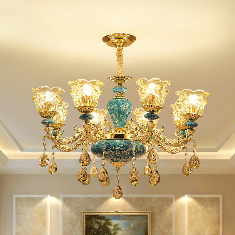 2-Layered Flower Chandelier Vintage Gold Finish Clear Glass Hanging Ceiling Light 8 Gold Clearhalo 'Ceiling Lights' 'Chandeliers' Lighting' options 2275631_22839c0a-d4fd-4d7c-9d1a-7ace219cc436