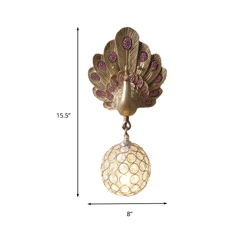 Clear Crystal Orb Wall Lamp with Resin Peacock 1 Light Gold/Pink/White Wall Mounted Light for Bedside Clearhalo 'Wall Lamps & Sconces' 'Wall Lights' Lighting' 227603