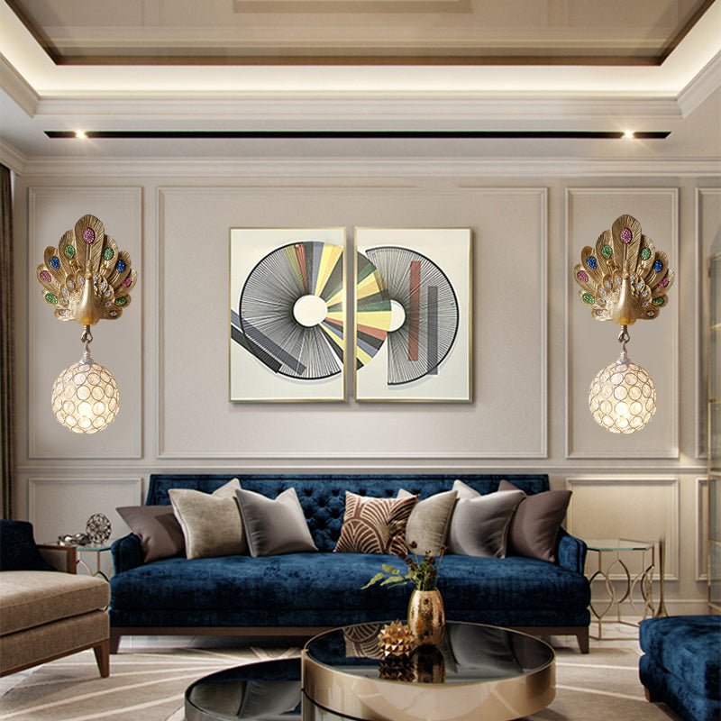 Clear Crystal Orb Wall Lamp with Resin Peacock 1 Light Gold/Pink/White Wall Mounted Light for Bedside Clearhalo 'Wall Lamps & Sconces' 'Wall Lights' Lighting' 227608