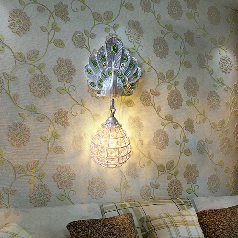 1 Light Wall Mount Light with Peacock Decoration Resin Vintage Bedroom Sconce Light in Green/Silver/Blue Clearhalo 'Wall Lamps & Sconces' 'Wall Lights' Lighting' 227621