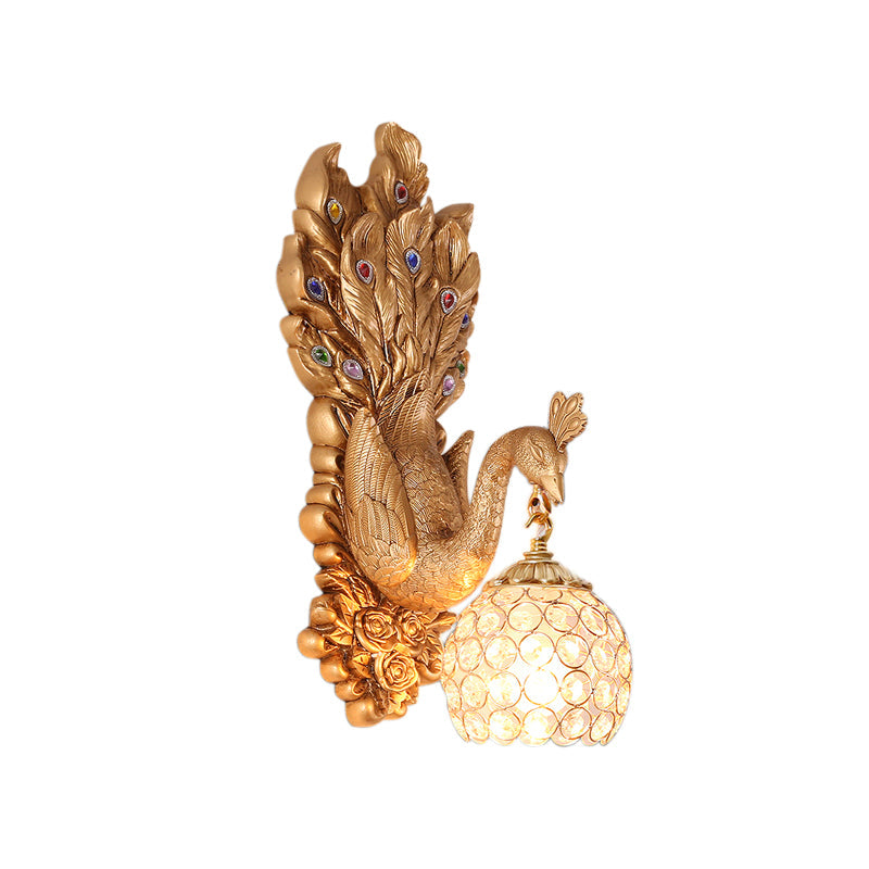 Dome Crystal Wall Mounted Light Antique 1 Light Bedroom Sconce Lamp with Blue/Gold/White Peacock Backplate Clearhalo 'Wall Lamps & Sconces' 'Wall Lights' Lighting' 227684