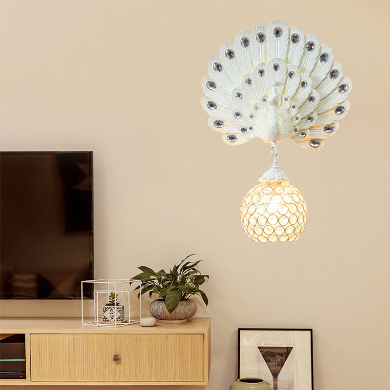 Crystal Globe Sconce Light Fixture Traditional 1 Light Bedroom Wall Mounted Light with Blue/Gold/White Peacock Backplate Clearhalo 'Wall Lamps & Sconces' 'Wall Lights' Lighting' 227693