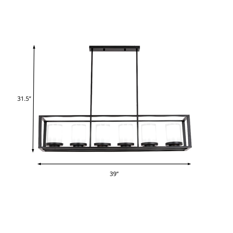 Cylinder Glass Island Light Traditional 3/6 Lights Dining Room Hanging Light Fixture with Black Rectangle Frame Clearhalo 'Ceiling Lights' 'Glass shade' 'Glass' 'Island Lights' Lighting' 227734