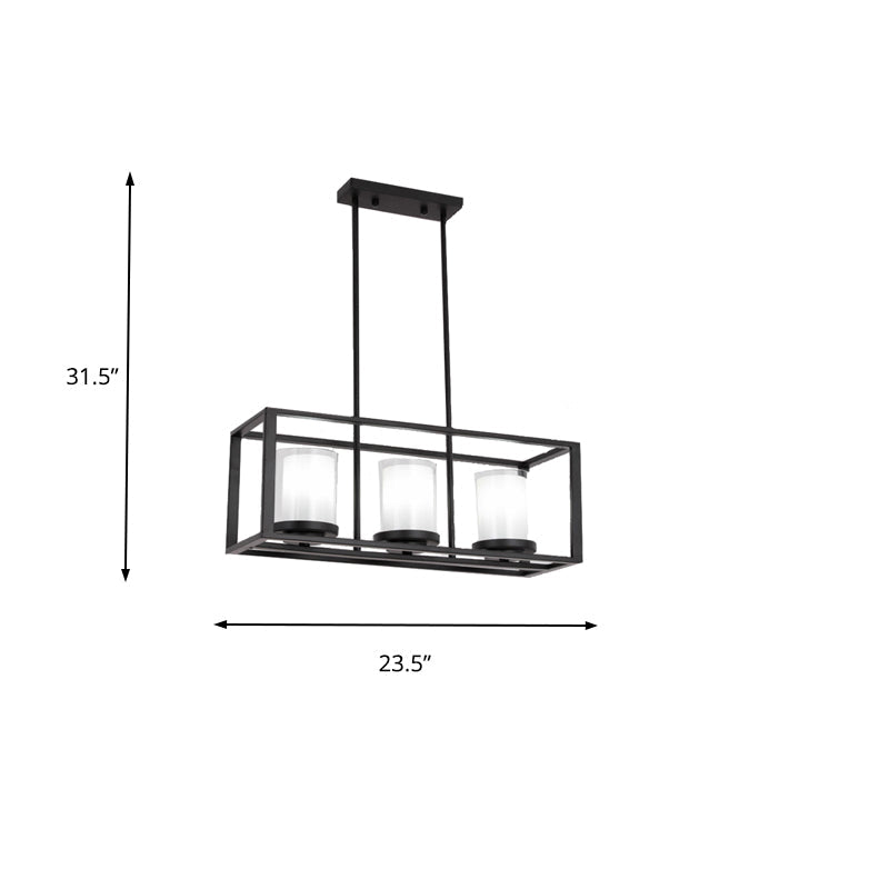 Cylinder Glass Island Light Traditional 3/6 Lights Dining Room Hanging Light Fixture with Black Rectangle Frame Clearhalo 'Ceiling Lights' 'Glass shade' 'Glass' 'Island Lights' Lighting' 227739