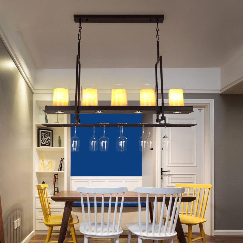 Cylinder Glass Island Light Traditional 3/5 Lights Dining Room Ceiling Light with Inner Yellow Marble Shade 5 Yellow Clearhalo 'Ceiling Lights' 'Close To Ceiling Lights' 'Glass shade' 'Glass' 'Island Lights' Lighting' 227753