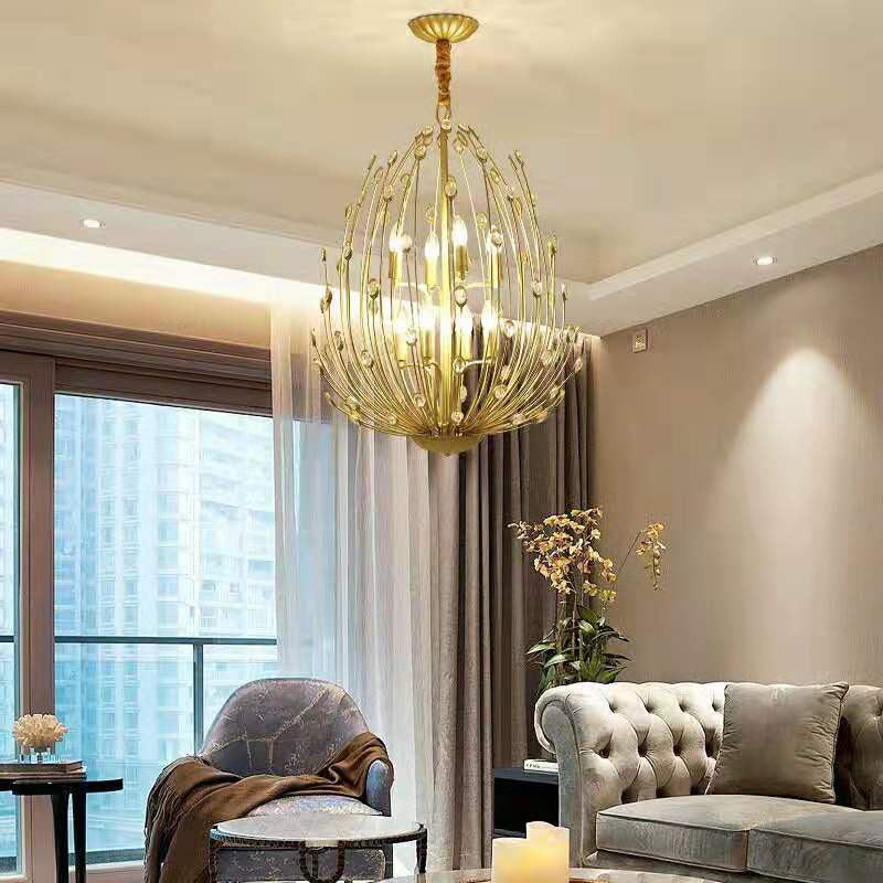 Oval Metal and Crystal Hanging Light Rustic 3/6 Lights Dining Room Chandelier Light in Gold 6 Gold Clearhalo 'Ceiling Lights' 'Chandeliers' Lighting' options 227867_e32595b9-89bd-48d0-b044-85c483e2a99f