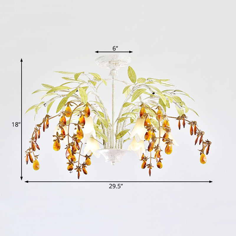 Rustic Flower Chandelier Light 3/6 Lights White Glass Hanging Light with Amber Crystal Decoration Clearhalo 'Ceiling Lights' 'Chandeliers' 'Close To Ceiling Lights' 'Glass shade' 'Glass' Lighting' 227888