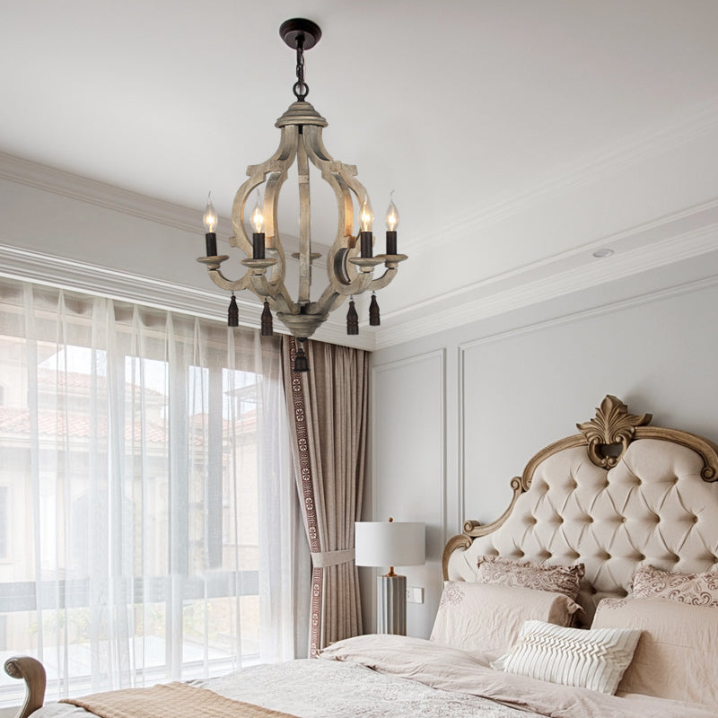 5 Lights Wood Ceiling Light Traditional Dark Wood/Wood/White Lantern Bedroom Chandelier Light Wood Clearhalo 'Ceiling Lights' 'Chandeliers' Lighting' options 227950_68c7c9a0-b4eb-4ec3-960b-f7153585b806