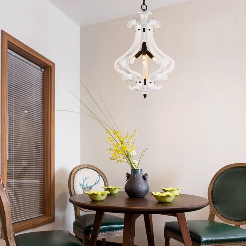 4 Lights Beige/White Chandelier Lamp Traditional Wood Lantern Bedroom Hanging Ceiling Light Clearhalo 'Ceiling Lights' 'Chandeliers' Lighting' options 227965