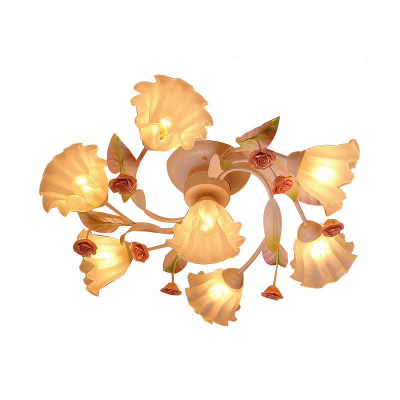 White Glass Flower Semi Flush Mount Light Rustic 4/7 Lights Bedroom Hanging Light Fixture Clearhalo 'Ceiling Lights' 'Close To Ceiling Lights' 'Close to ceiling' 'Glass shade' 'Glass' 'Semi-flushmount' Lighting' 227988