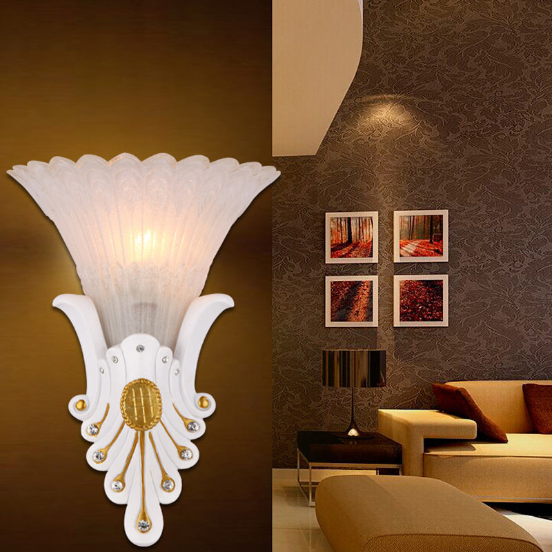Flower Bedside Wall Light Fixture Traditional White/Yellow Glass 1 Light Sconce Light with Diamond Accent Clearhalo 'Wall Lamps & Sconces' 'Wall Lights' Lighting' 228012