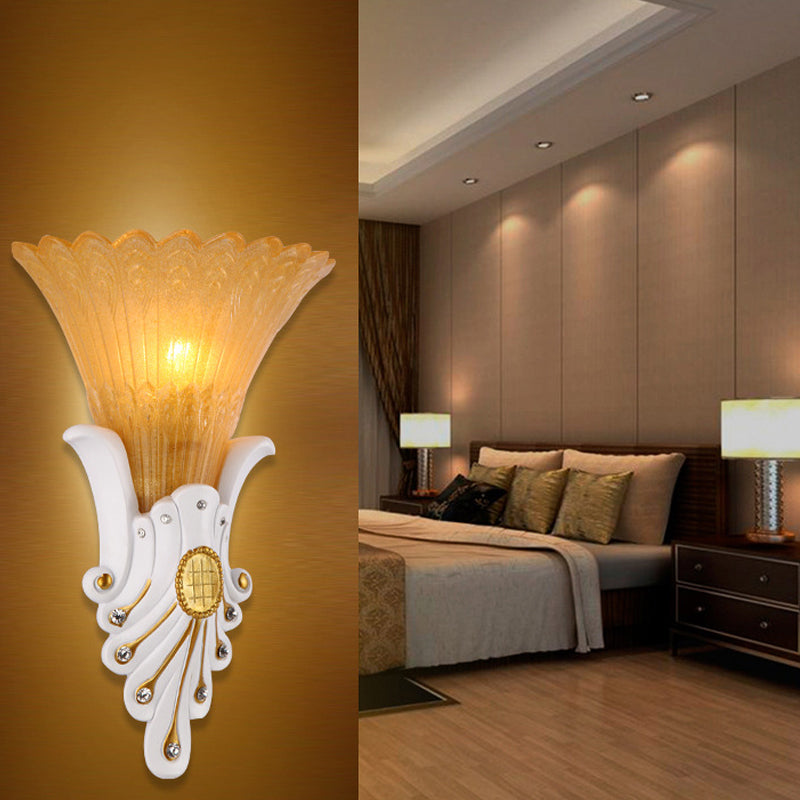 Flower Bedside Wall Light Fixture Traditional White/Yellow Glass 1 Light Sconce Light with Diamond Accent Yellow Clearhalo 'Wall Lamps & Sconces' 'Wall Lights' Lighting' 228014