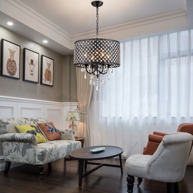 Crystal Black/Chrome Pendant Lamp Drum Shaped 4 Lights Rustic Chandelier Light Fixture for Dining Room Black Clearhalo 'Ceiling Lights' 'Chandeliers' Lighting' options 228076_6f2e1097-c982-4935-8981-0b7d4c4fcac2
