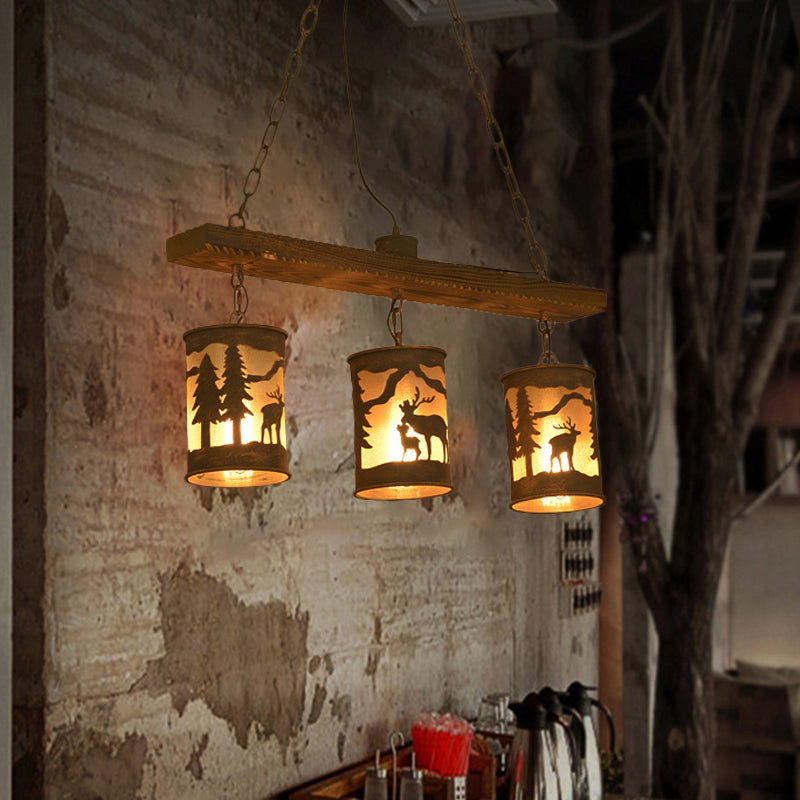 Cylinder Island Chandelier Light with Metal and Fabric Shade 3/5/6 Lights Vintage Hanging Lamp in Rust Clearhalo 'Ceiling Lights' 'Chandeliers' Lighting' options 228088