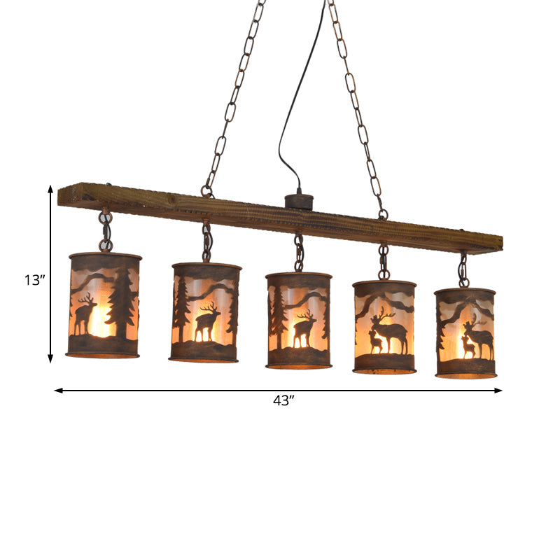 Cylinder Island Chandelier Light with Metal and Fabric Shade 3/5/6 Lights Vintage Hanging Lamp in Rust Clearhalo 'Ceiling Lights' 'Chandeliers' Lighting' options 228095